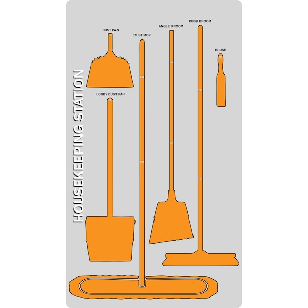 5S Housekeeping Shadow Board Broom Station Version 2 - Gray Board / Orange Shadows  With Broom